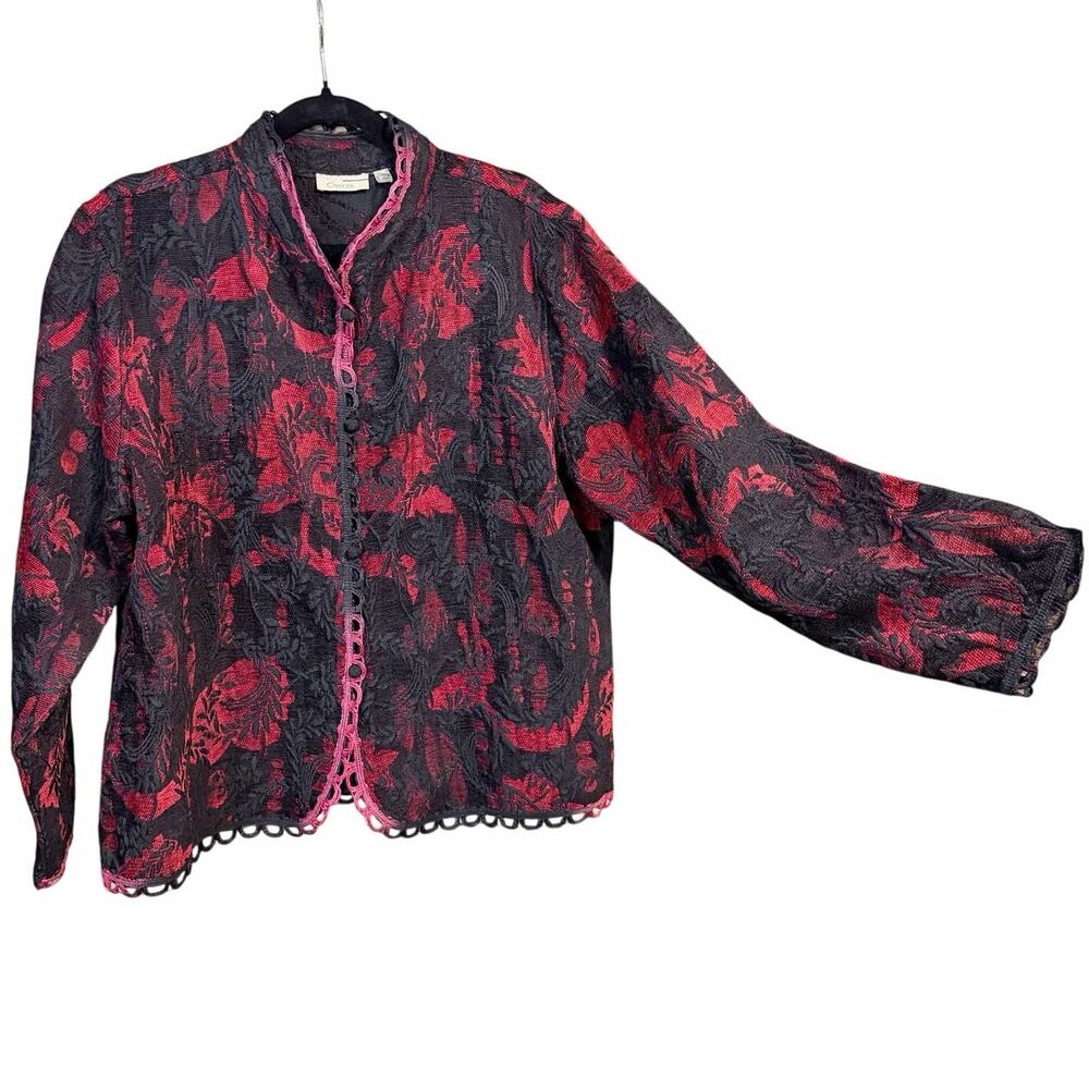 Vintage choices red black abstract tapestry button front jacket XL lagenlook